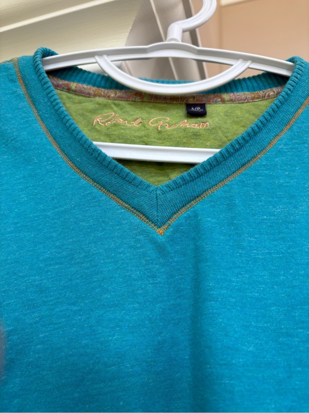 Robert Graham Teal V-Neck Sweater with Gold Contrast Stitching